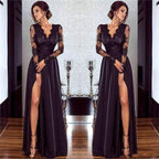 Chic Long Sleeves A-line V-neck Chiffon Lace Prom Dress with Slit by BIZTUNNEL