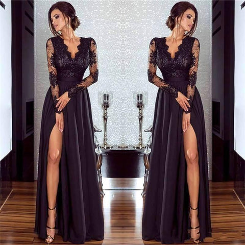 Vestido de fiesta elegante de gasa con encaje, escote en V, mangas largas y abertura