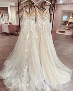 Chic Long Spaghetti Straps V-neck A-Line Tulle Wedding Dress With Appliques Lace by BIZTUNNEL