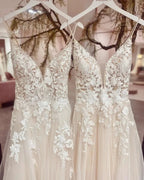 Chic Long Spaghetti Straps V-neck A-Line Tulle Wedding Dress With Appliques Lace by BIZTUNNEL