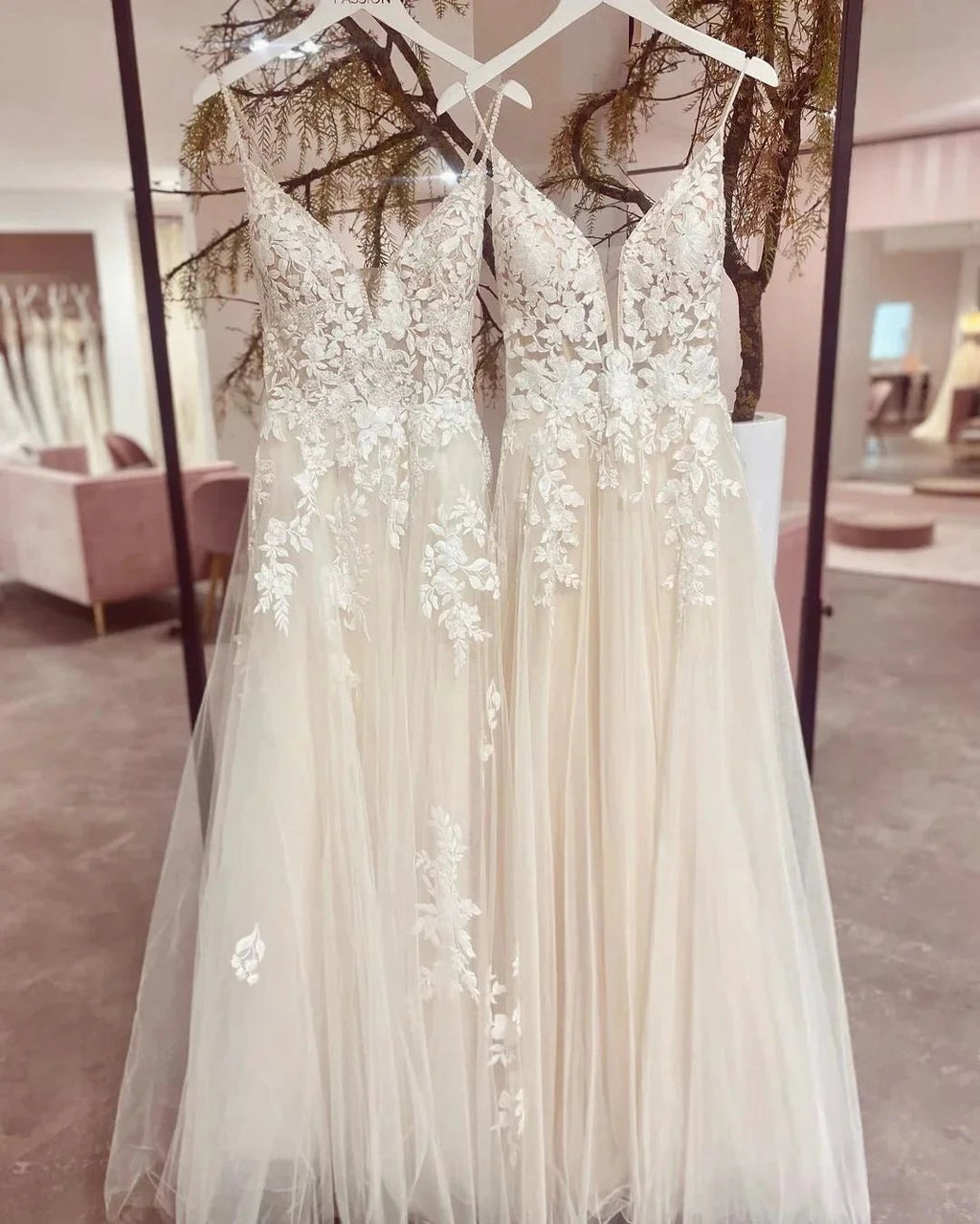Chic Long Spaghetti Straps V-neck A-Line Tulle Wedding Dress With Appliques Lace by BIZTUNNEL