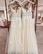 Chic Long Spaghetti Straps V-neck A-Line Tulle Wedding Dress With Appliques Lace by BIZTUNNEL