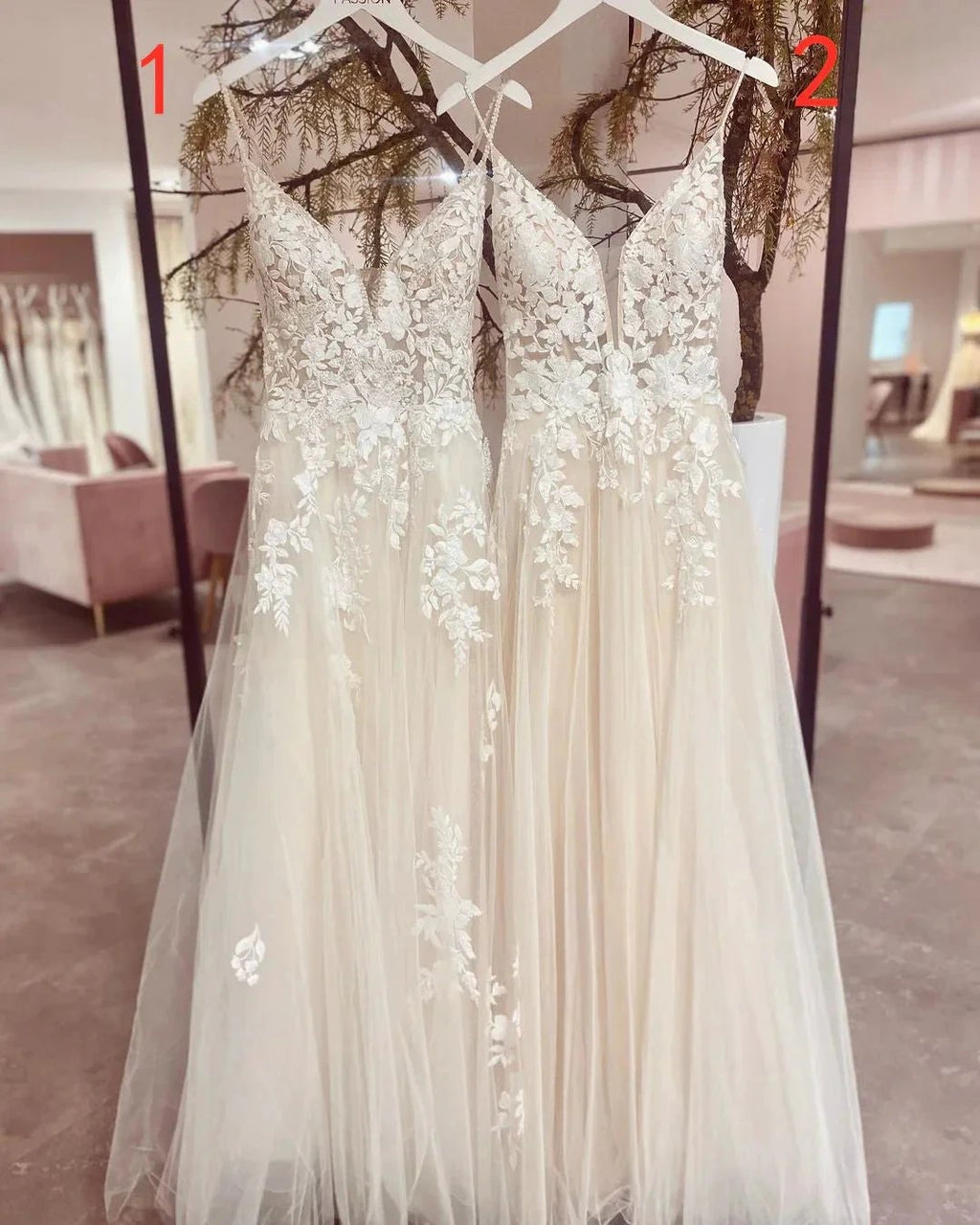 Chic Long Spaghetti Straps V-neck A-Line Tulle Wedding Dress With Appliques Lace by BIZTUNNEL