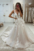 Chic Long V-neck A-line Lace Appliques Sleeveless Wedding Dress by misshow.com