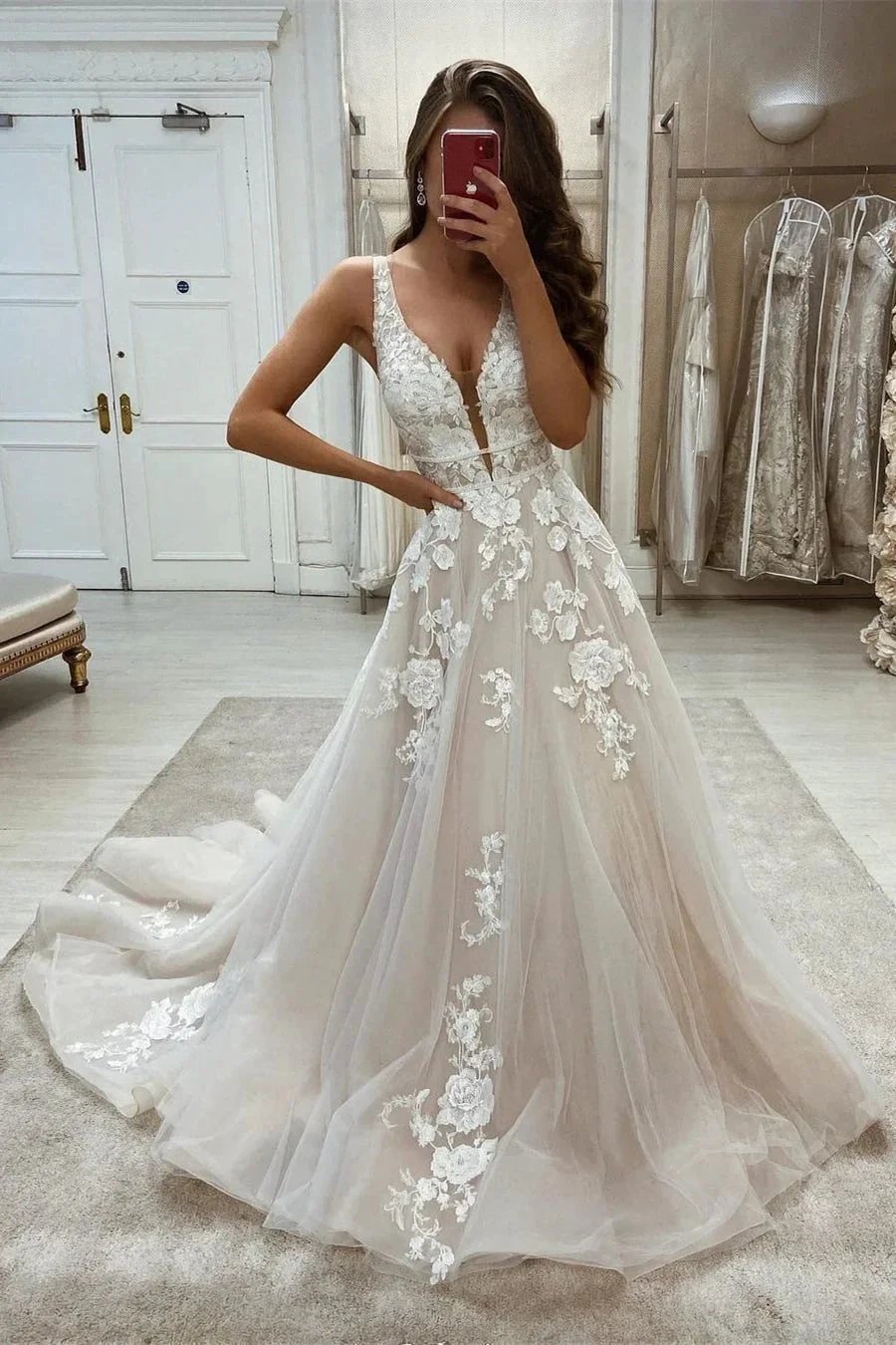 Chic Long V-neck A-line Lace Appliques Sleeveless Wedding Dress by misshow.com