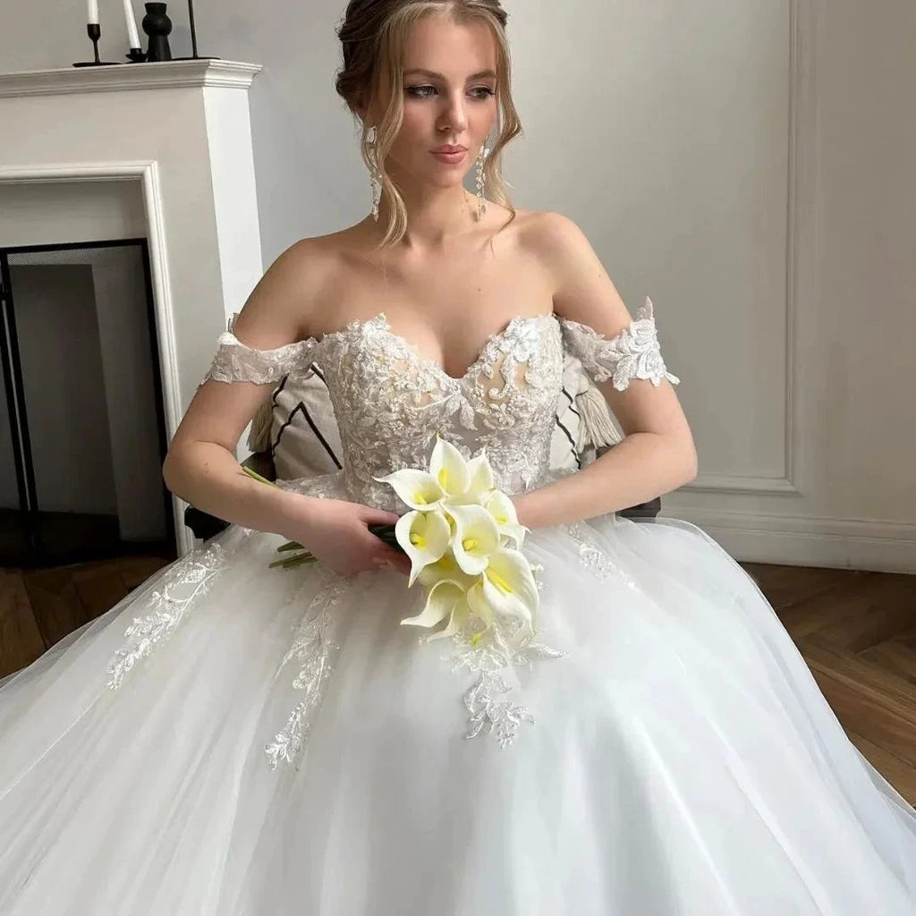 Chic Long White A-line Off-the-shoulder Lace Tulle Wedding Dress by misshow.com