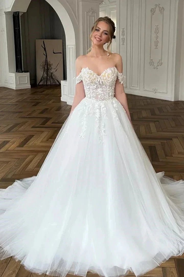 Chic Long White A-line Off-the-shoulder Lace Tulle Wedding Dress by misshow.com