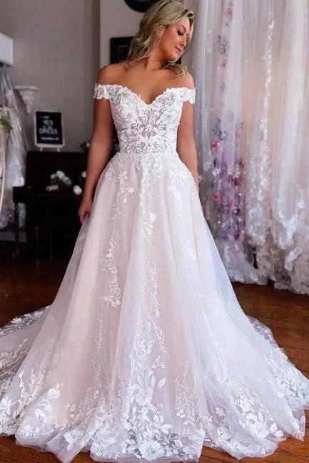 Chic Long White A-line Off-the-shoulder Sleeveless Wedding Dress with Lace by misshow.com