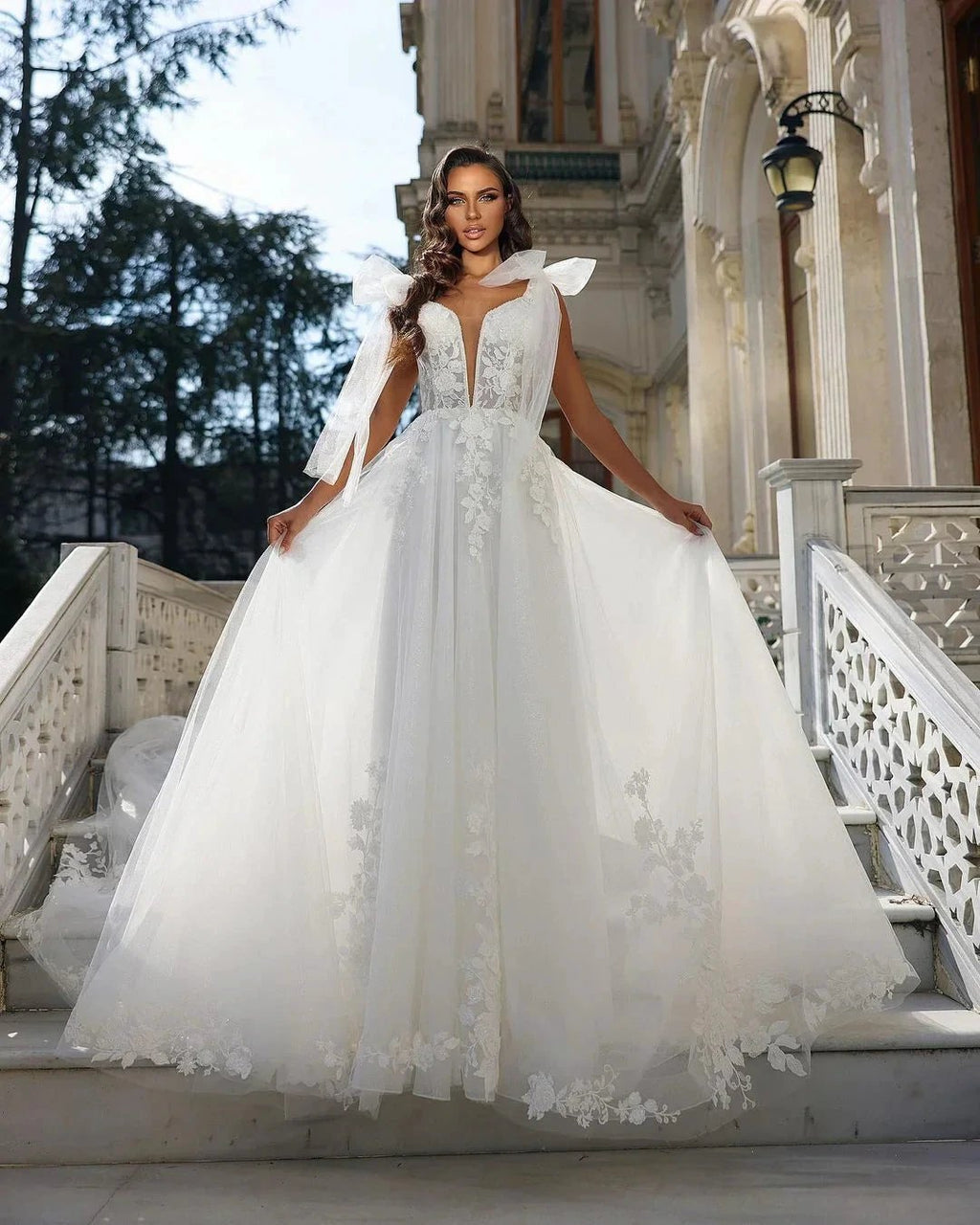 Chic Long White A-line V-neck Sleeveless Wedding Dress With Lace by misshow.com