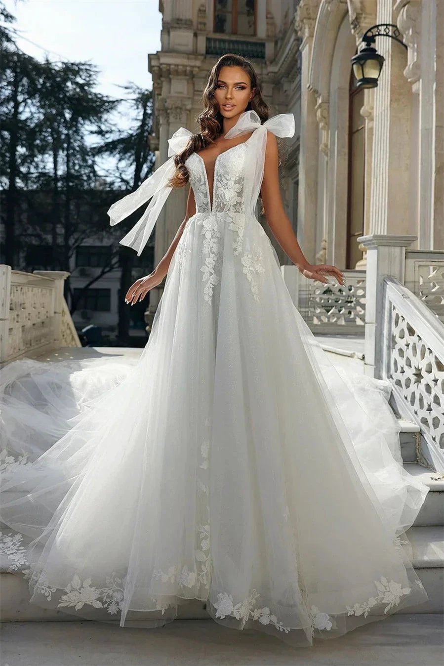 Chic Long White A-line V-neck Sleeveless Wedding Dress With Lace by misshow.com