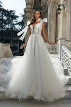 Chic Long White A-line V-neck Sleeveless Wedding Dress With Lace by misshow.com