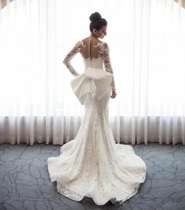 Chic Mermaid Lace Long Sleeves Wedding Dress With Detachable Train by misshow.com