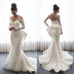 Chic Mermaid Lace Long Sleeves Wedding Dress With Detachable Train by misshow.com