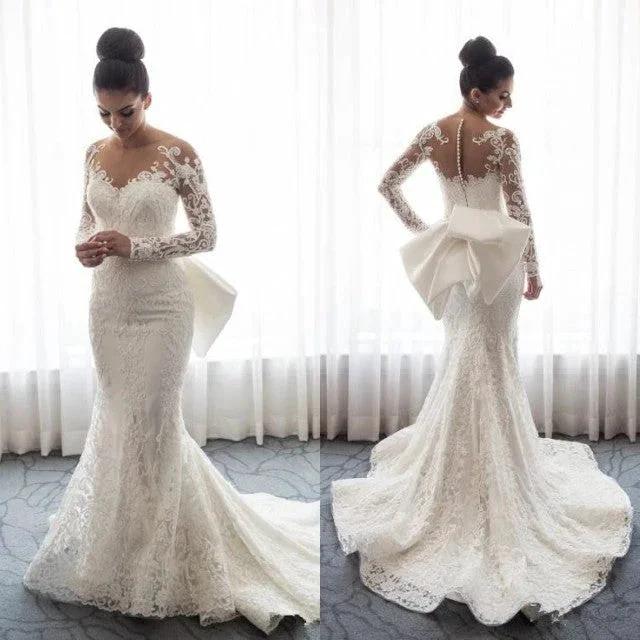 Chic Mermaid Lace Long Sleeves Wedding Dress With Detachable Train by misshow.com