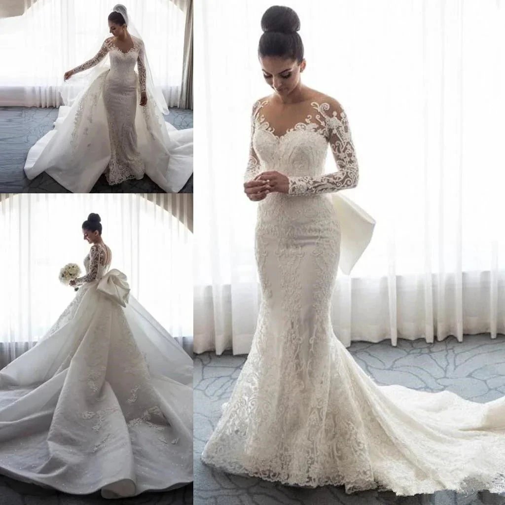 Chic Mermaid Lace Long Sleeves Wedding Dress With Detachable Train by misshow.com