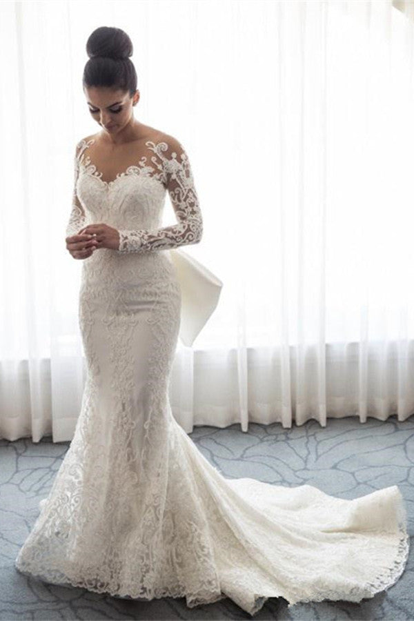Chic Mermaid Lace Long Sleeves Wedding Dress With Detachable Train Hover Image