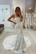 Chic Mermaid Sleeveless Appliques Wedding Dress With Train by misshow.com