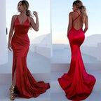 Chic Mermaid V-neck Backless Long Prom Dress with Slit by BIZTUNNEL