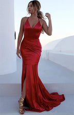 Chic Mermaid V-neck Backless Long Prom Dress with Slit by BIZTUNNEL