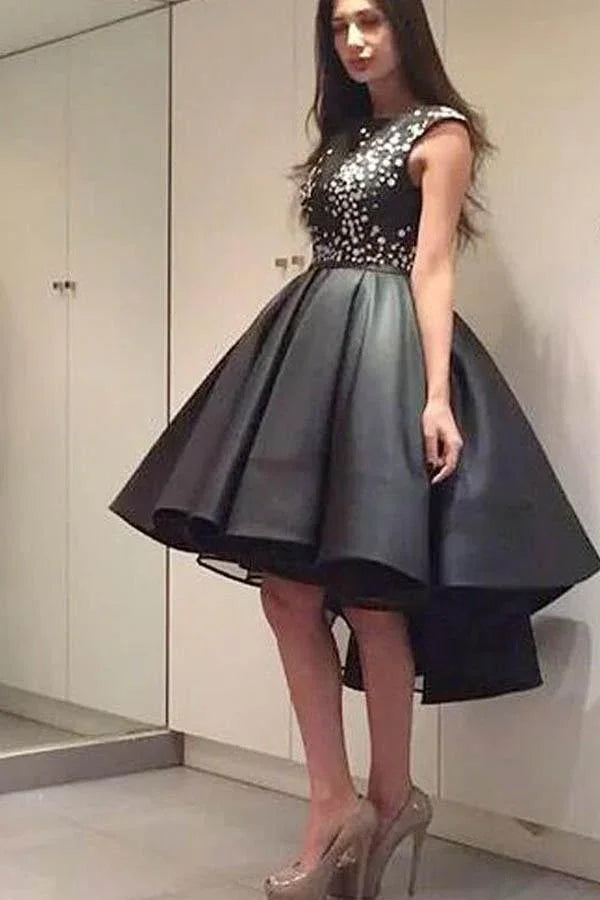 Vestido de Organza Preto com Contas Brilhantes Moderno e Elegante, Comprimento Assimétrico para Festa de Regresso a Casa PG178