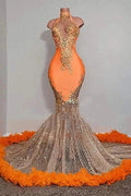 Chic Orange Long Mermaid Halter Sleeveless Tulle Prom Dress by BIZTUNNEL