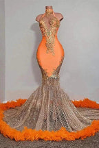Chic Orange Long Mermaid Halter Sleeveless Tulle Prom Dress by BIZTUNNEL