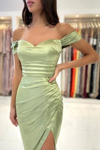 Sage Short Mermaid Off the Shoulder Satin Prom Dresses with Slit by BIZTUNNEL