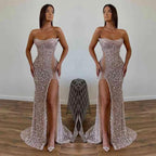 Chic Sequined Floor Length Strapless A-line Prom Dress with Front Slit by misshow.com