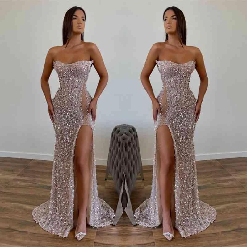 Chic Sequined Floor Length Strapless A-line Prom Dress with Front Slit by misshow.com