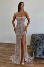 Chic Sequined Floor Length Strapless A-line Prom Dress with Front Slit by misshow.com