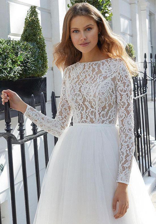 Chic Short A-line Tulle Jewel Lace Wedding Dress with Sleeves by BIZTUNNEL