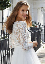 Chic Short A-line Tulle Jewel Lace Wedding Dress with Sleeves by BIZTUNNEL