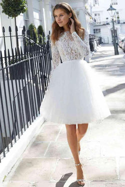 Chic Short A-line Tulle Jewel Lace Wedding Dress with Sleeves by BIZTUNNEL