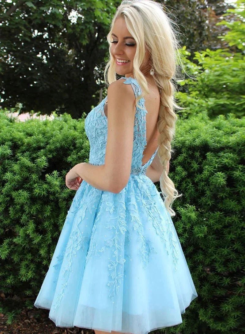 Short A-Line Tulle Open Back Lace Homecoming Dress by BIZTUNNEL