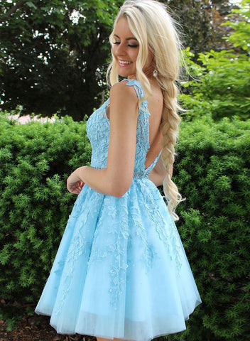 Short A-Line Tulle Open Back Lace Homecoming Dress