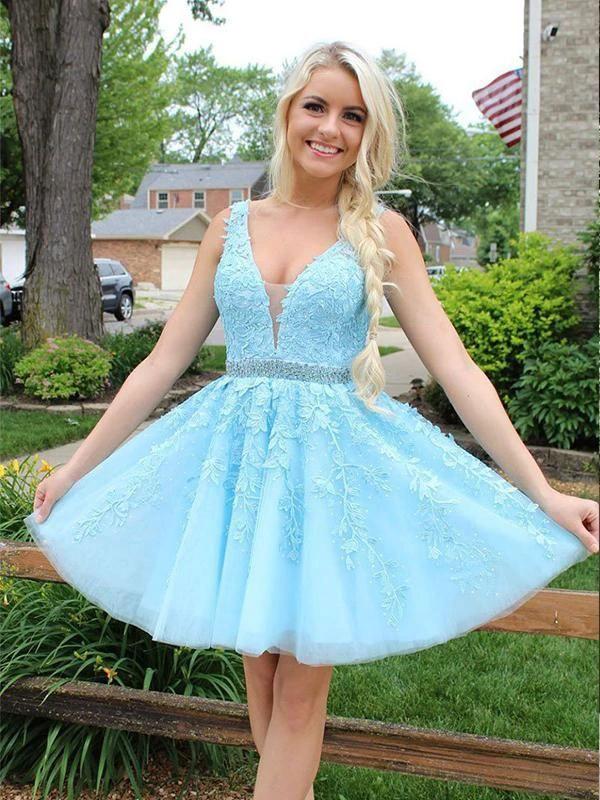 Short A-Line Tulle Open Back Lace Homecoming Dress by BIZTUNNEL