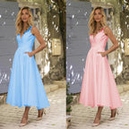Chic Short A-line V neck Satin Backless Formal Prom Dresses with Pockets by BIZTUNNEL