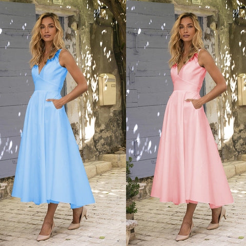Elegante vestido de fiesta formal de satén con escote en V, espalda descubierta y bolsillos, corto y elegante.