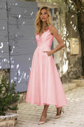 Chic Short A-line V neck Satin Backless Formal Prom Dresses with Pockets by BIZTUNNEL