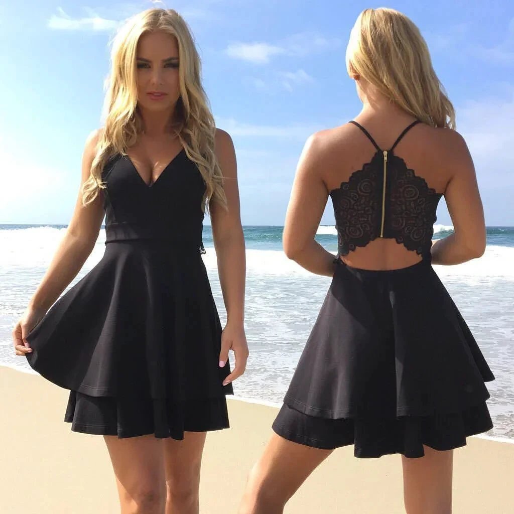 Short Chiffon Layers V-Neck Spaghetti Straps Homecoming Dress by BIZTUNNEL