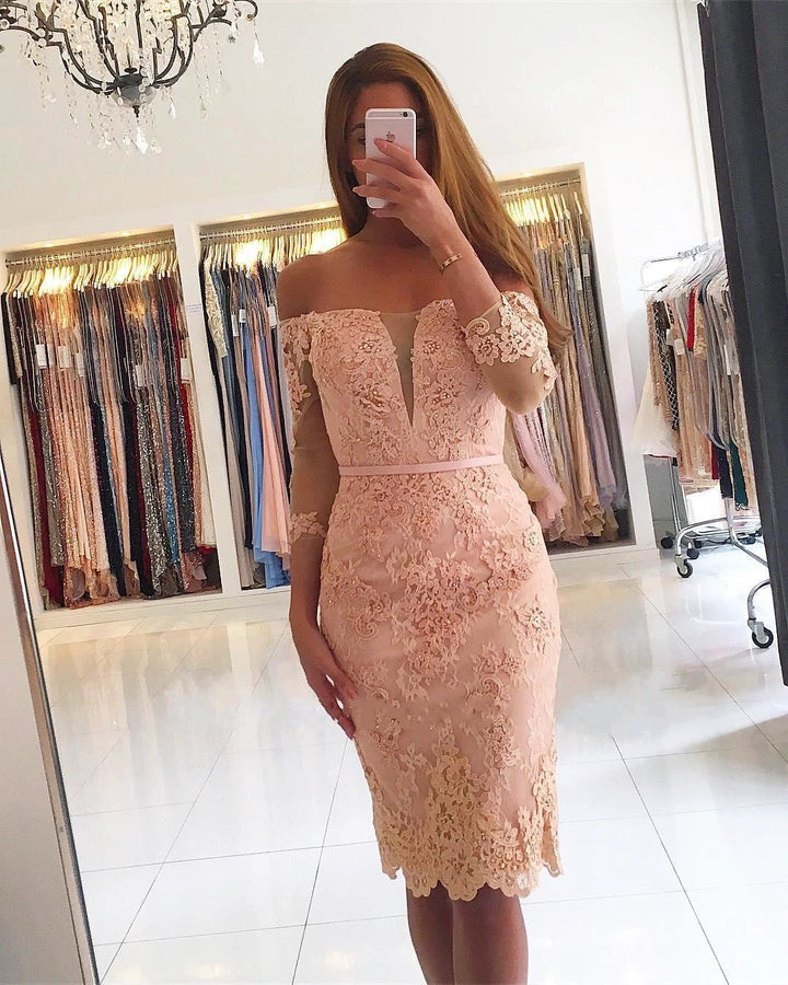 Short Mermaid Off-the-shoulder Lace Prom Dress with Sleeves by BIZTUNNEL