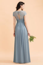 Chic Short Sleeves Lace Chiffon Bridesmaid Dress with Ruffles