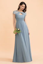 Chic Short Sleeves Lace Chiffon Bridesmaid Dress with Ruffles