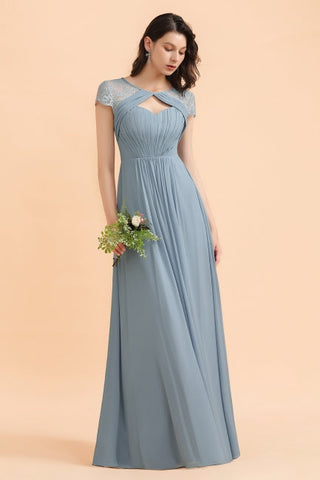 Chic Short Sleeves Lace Chiffon Bridesmaid Dress with Ruffles