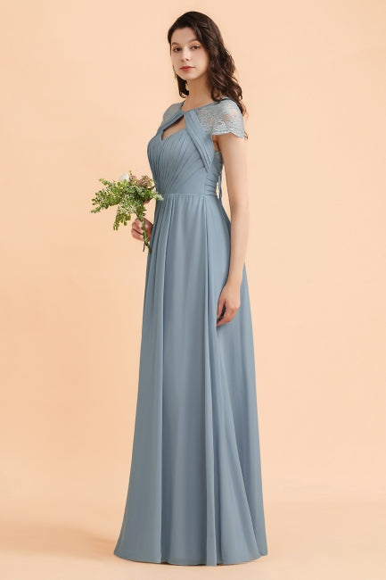 Chic Short Sleeves Lace Chiffon Bridesmaid Dress with Ruffles