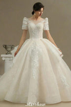 Chic Short Sleeves Tulle Lace Appliques Bridal Gown Spring Garden Wedding Dress by misshow.com