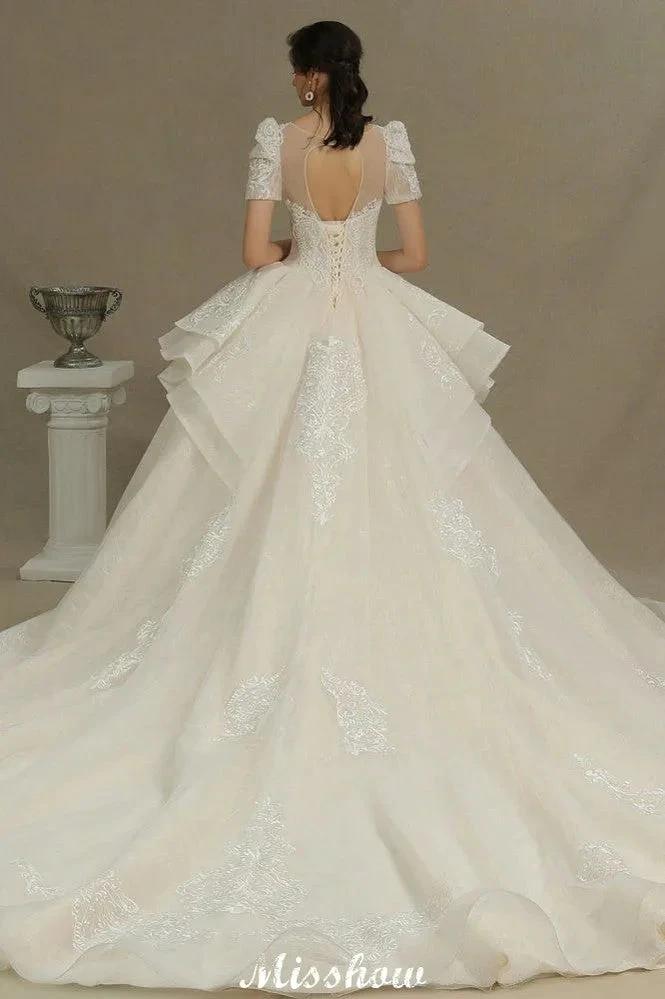 Chic Short Sleeves Tulle Lace Appliques Bridal Gown Spring Garden Wedding Dress by misshow.com