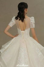 Chic Short Sleeves Tulle Lace Appliques Bridal Gown Spring Garden Wedding Dress by misshow.com