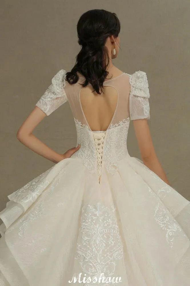 Chic Short Sleeves Tulle Lace Appliques Bridal Gown Spring Garden Wedding Dress by misshow.com