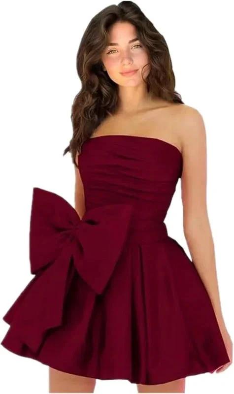 Stylish Sleeveless Ruched Short Homecoming Dresses Simple Mini Party Wear Dress with Bow by misshow.com